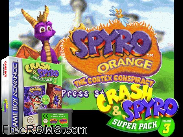 2 In 1 - Crash And Spyro Super Pack Volume 3 - Spyro Fusion + Crash Bandicoot Fusion Gameboy Advance game showing 3D box cover and gameplay screenshot